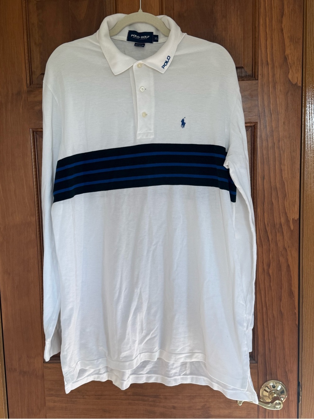 Ralph Lauren Golf White Long-Sleeve Polo with Black & Royal Blue Stripes Rugby